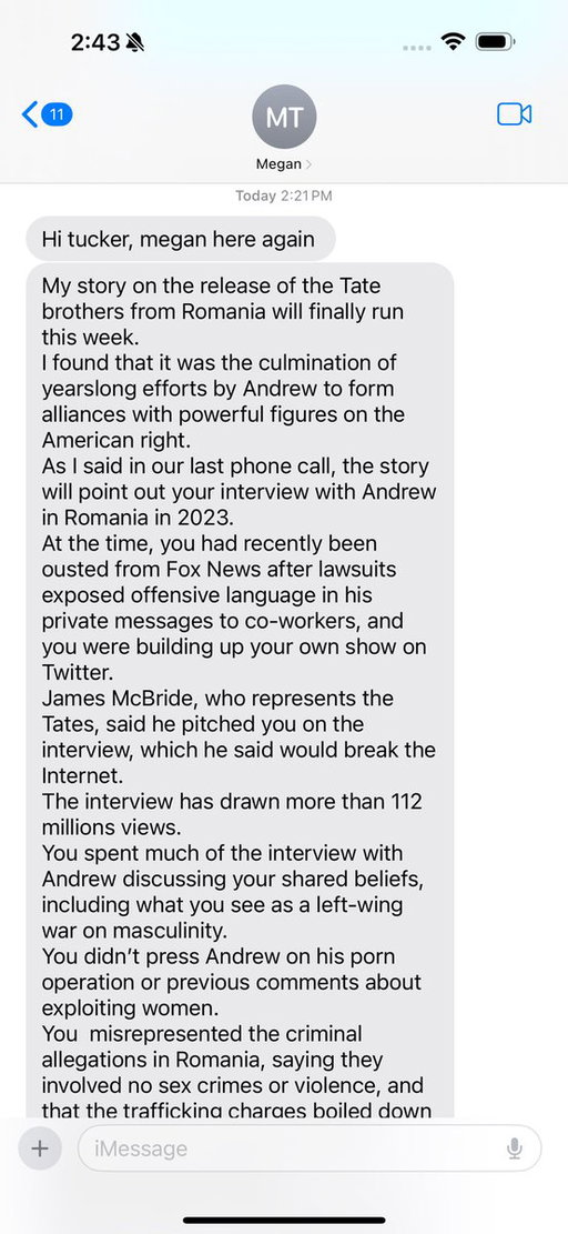 Exchange with a New York Times reporter about Andrew Tate. 