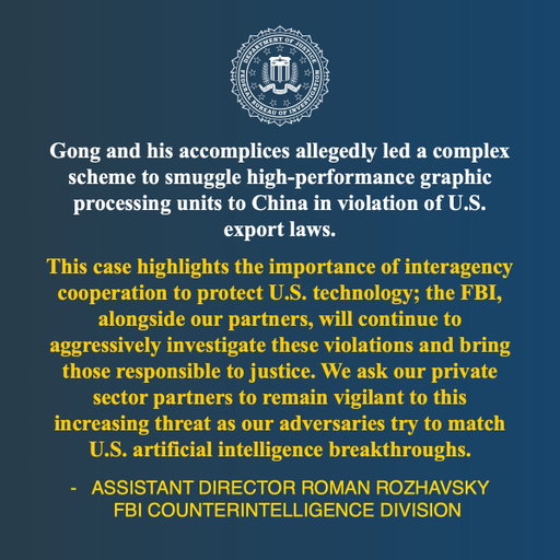 U.S. Authorities Shut Down Major China-Linked AI Tech Smuggling Network: ‘Operation Gatekeeper’ Disrupts Trafficking Network and Seizes More Than $50 Million in Advanced GPUs Destined for China and Other Restricted Locations https://t.co/DzINonA7AU @NewYorkFBI 