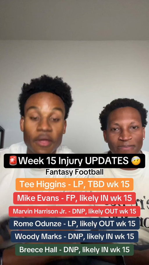 Week 15 Fantasy Football Injury Roundup. The SimmBros go through all of the major injuries after Wednesday’s practices and share the status updates of all players and their likelihood of playing week 15. Players include Tee Higgins, Mike Evans, Marvin Harrison Jr., Rome Odunze, 