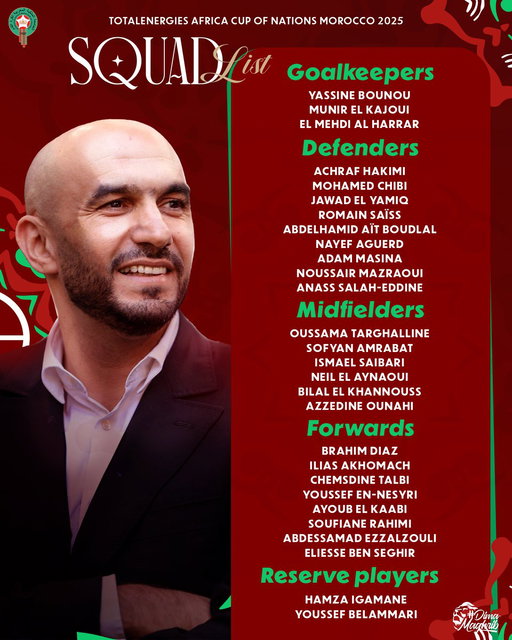 اللائحة الرسمية لمنتخبنا الوطني المستدعاة للمشاركة في كأس أمم إفريقيا — المغرب 2025 🏆

The official squad list called up for our National Team for the CAF Africa Cup of Nations — Morocco 2025

#DimaMaghrib 🇲🇦 | #AFCON2025 