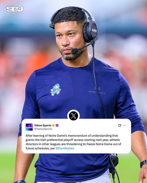Notre Dame’s playoff path just caused a stir 😳

Notre Dame’s new MOU, which gives the Irish preferential playoff access starting next season, has sparked backlash across college athletics, with several athletic directors threatening to drop the program from future schedules.

(via @DanWolken)