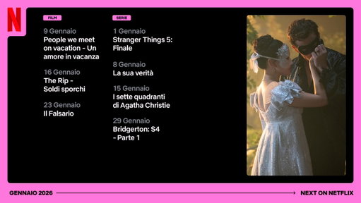Gennaio parte col botto e noi ci tuffiamo subito nell’ultimo capitolo di un’era: Stranger Things 5: Finale, dal 1 gennaio, per iniziare l’anno con le luci di Hawkins ancora accese. A scaldarci un po’ poi ci pensa People We Meet on Vacation – Un amore in vacanza che arriva il 9 gennaio, la storia perfetta per chi sogna nuove partenze… e nuovi inizi. Il 23 gennaio la Roma degli anni ’70 ci accoglie con Il Falsario, tra talento, ingegno e misteri che trasformano un giovane artista nel più grande falsario italiano. Chiudiamo il mese in grande stile con Bridgerton: Stagione 4 – Parte 1, dal 29 gennaio, tra balli scintillanti, scandali irresistibili e nuovi amori da svelare.