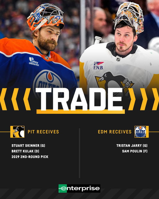 The Penguins have acquired goaltender Stuart Skinner, defenseman Brett Kulak, and the Edmonton Oilers 2029 second-round draft pick in exchange for goaltender Tristan Jarry and forward Sam Poulin.

Details: https://t.co/b80VaipsNR 
