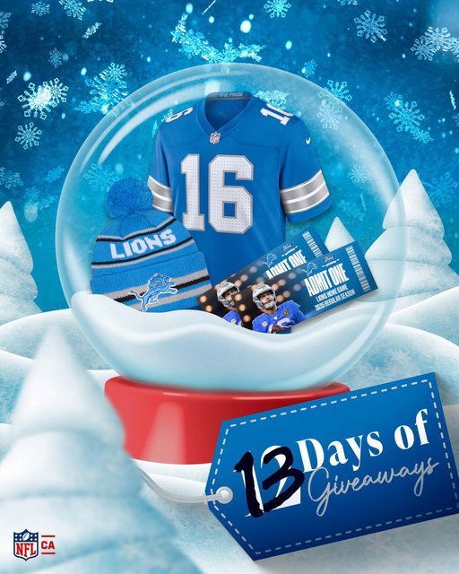 Surprise! We've got an extra giveaway just for you 🦁 

For Day 13 we're giving away a Lions prize pack, including a signed Jared Goff jersey, a Lions toque and 2 tickets to a game in 2026!  

To enter:

1. Must follow @NFLCanada & @Lions 
2. Like this post
3. Tag a friend
4. Comment your favourite Lions player

Full T's and C's are linked in our bio!