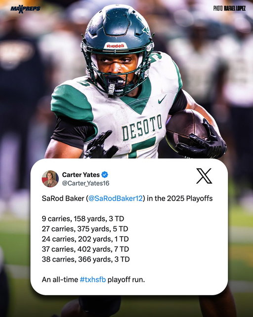 3⭐️ Class of 2027 RB SaRod Baker has been unstoppable this postseason, powering DeSoto (TX) into the Texas 6A Division II finals. 💪🏈 @SaRodBaker12 

Player Profile ⬇️
https://t.co/2n8C20ygM7 