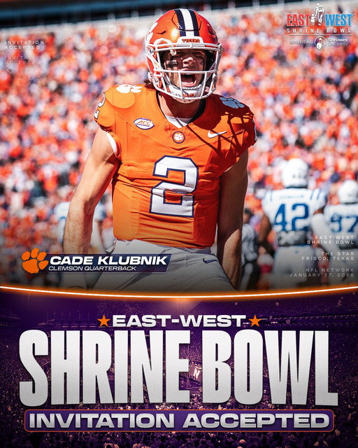 Invitation Accepted

@ClemsonFB QB Cade Klubnik (@CadeKlubnikQB) has officially accepted his invite to the East-West Shrine Bowl! 🐅

#ShrineBowlWHOSNEXT 😎 