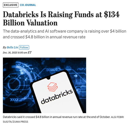 Databricks is raising over $4 billion in Series L funding, valuing the data and AI company at $134 billion. 

Databricks CEO @alighodsi attributed the company’s revenue run-rate growth, which is up 55% year-over-year, to the idea that businesses are building data intelligent applications that use AI.

@bellelin_ covers the latest in @WSJ: https://t.co/HPdx9FkBNS