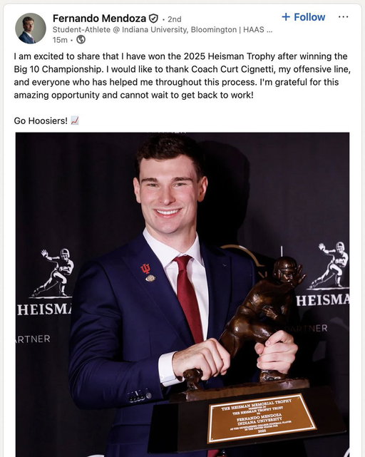 Fernando Mendoza posted about winning the Heisman on his LinkedIn page 😭 