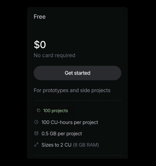 side project - hackathon - prototype 
repeat ×100

Neon's Free plan now supports 100 Postgres projects, so you never have to delete an idea to start a new one. 