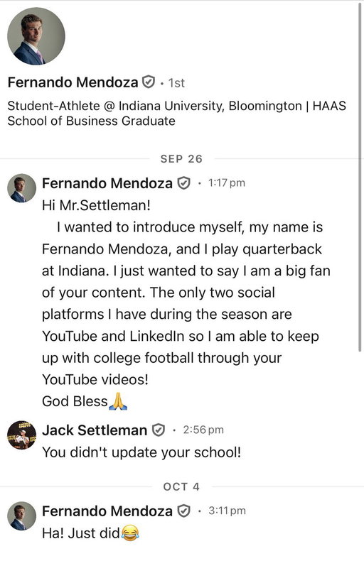 I’m like 99% sure Mendoza’s LinkedIn account is a scammer. 

He sent me this message back in September…

He still had on his profile that he was attending Cal in late September

When I brought it to his attention, he changed it to University of Indiana…

It wasn’t until weeks later that it was correctly marked as Indiana University