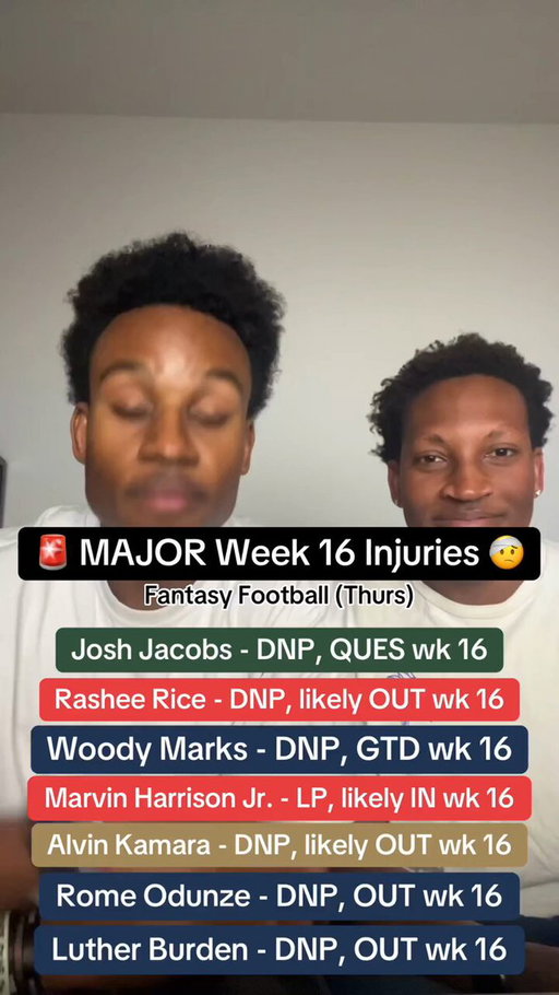 Week 16 MAJOR INJURY Roundup. The SimmBros take you through all of the MASSIVE injuries heading into a pivotal week 16 fantasy football semifinal matchup. Players mentioned include Josh Jacobs, Rashee Rice, Woody Marks, Marvin Harrison Jr., Alvin Kamara, Rome Odunze, and Luther 
