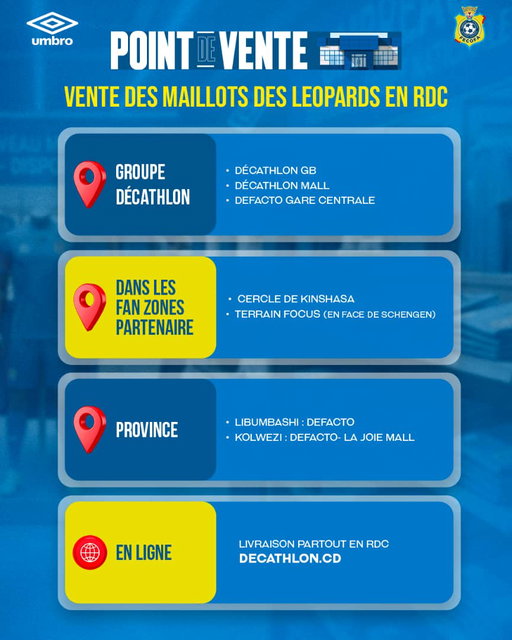 🇨🇩🐆 𝐎𝐮̀ 𝐭𝐫𝐨𝐮𝐯𝐞𝐫 𝐥𝐞 𝐦𝐚𝐢𝐥𝐥𝐨𝐭 𝐨𝐟𝐟𝐢𝐜𝐢𝐞𝐥 𝐝𝐞𝐬 𝐋𝐞́𝐨𝐩𝐚𝐫𝐝𝐬 ? ✨

Faites défiler pour découvrir les points de vente 📸

🌍 Afrique
📍 RDC🇨🇩
✅ Décathlon
✅ Fan Zones
✅ Maisons Communales

📍 Maroc🇲🇦
✅ Rabat
✅ Tanger
ℹ️ Les adresses exactes seront communiquées très prochainement.

📍 Afrique du Sud 🇿🇦
✅ Tekkie Town
ℹ️ Les adresses exactes seront communiquées très prochainement.

🌍 Europe
✅ Footkorner (France, Belgique, Allemagne)
ℹ️ Les points de vente concernés seront précisés dans les prochains jours.

💻 En ligne
✅ Commande disponible sur le site officiel Umbro

De Kinshasa à Lubumbashi, de Paris à Londres, les couleurs nationales sont partout.
Portez fièrement le symbole de notre unité 🇨🇩

👇 Identifie un ami qui doit absolument s’offrir le maillot des Léopards !

#RDC #LeopardsRDC #MaillotOfficiel #Umbro #FecofaRDC BendeleEkweyaTe Team243