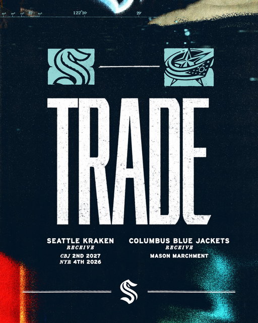 🚨 TRADE ALERT 🚨

The #SeaKraken have acquired a 2nd round pick in the 2027 NHL Draft &amp; a 4th round pick in the 2026 NHL Draft from Columbus in exchange for forward Mason Marchment. 