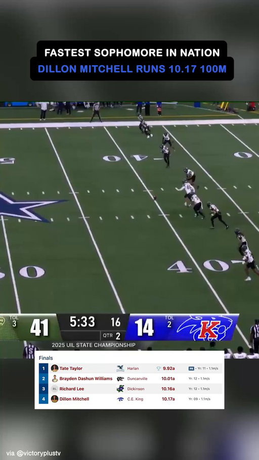 Disclaimer: this clip is not sped up 🤯 C.E. King sophomore Dillon Mitchell runs 10.17 100M and looked like Devin Hester on this KOR TD vs Desoto 🔥💨

MORE: https://t.co/5dz4EVOUOW 