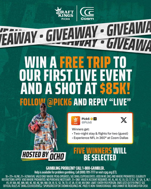 $85K LIVE EVENT GIVEAWAY.💰

An opportunity to win a spot in our Live Event hosted by @Ochocinco!

Follow @Pick6 and reply “LIVE” 