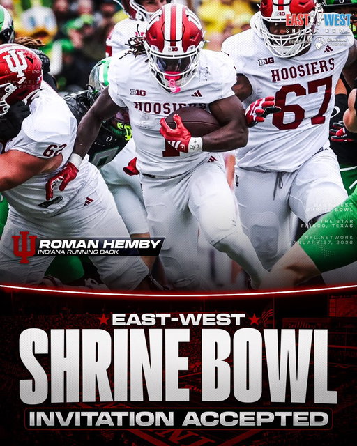 Invitation Accepted

@IndianaFootball RB Roman Hemby (@r_h3mby) is locked in for the East-West Shrine Bowl! ⭐️

#NeverDaunted | #ShrineBowlWHOSNEXT 😎 