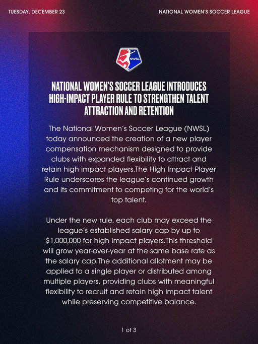 The NWSL introduces the High Impact Player rule.

Read more for the full list of criteria: https://t.co/vO9BpKK9ux 