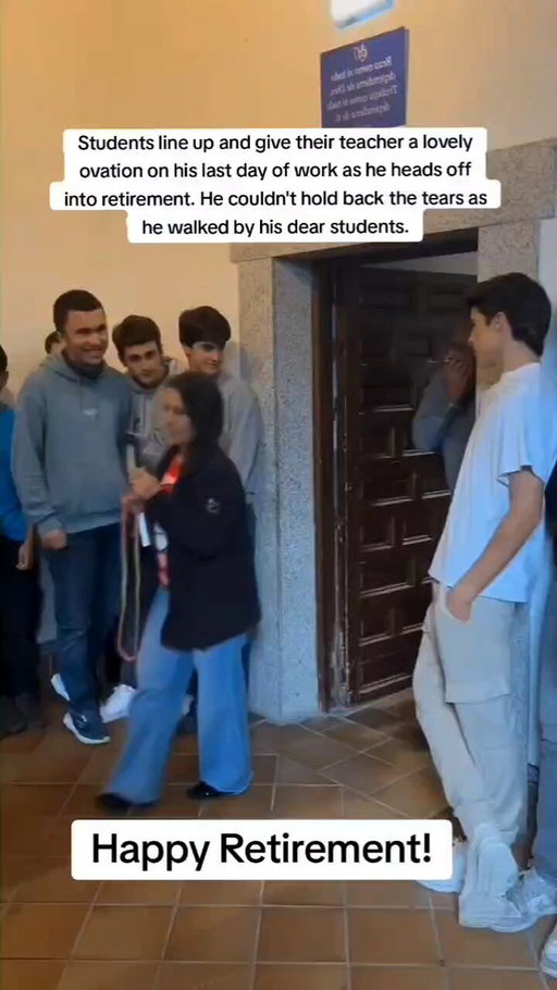 TEARS: Students line up and give their teacher a lovely ovation on his last day of work as he heads off into retirement. He started teaching at the school in 1989 and couldn't hold back the tears as he walked by his dear students. 