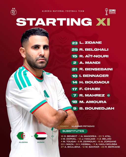Starting XI | التشكيلة الأساسية

 #LesVerts⭐️⭐️ | #123vivalAlgérie🇩🇿| #AFCON2025 