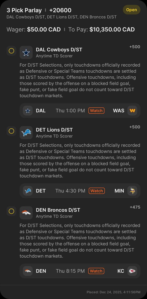 While the family is talking snow accumulation I'm drawing up the best way to fade bad QB play thanks to Jared's suggestion

All three DEF/ST to score who are facing Johnson, Brosmer, and Oloduken.

$5 for $1k
$50 for $10k 