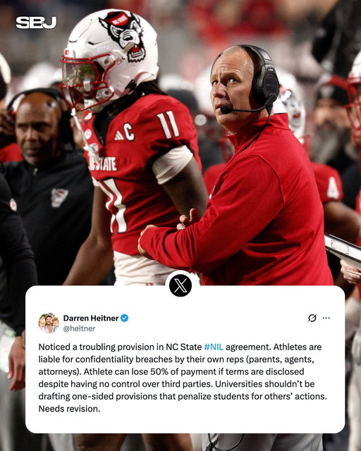 NC State’s NIL agreement says athletes can lose 50% of their payment if confidentiality terms are leaked. Even if the leak comes from parents, agents, or attorneys.
 
NIL clauses like NC State's don’t just hurt athletes — they create financial risk, discourage participation, raise legal/ethical concerns, and could set a dangerous trend across college sports.

(via @heitner)