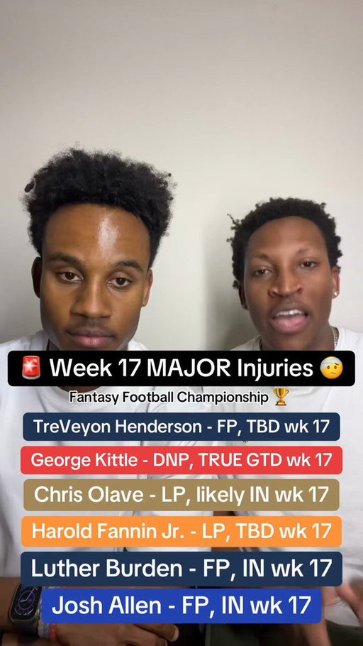 Fantasy Football Injury Roundup (Friday edition)! The SimmBros dive into all the MAJOR injuries as we head into the final weekend of fantasy football. Injured players include TreVeyon Henderson, George Kittle, Chris Olave, Harold Fannin Jr., Luther Burden, and Josh Allen. It’s 