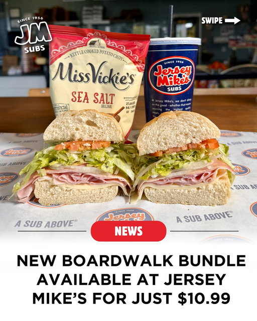 📢📢 RUN TO JERSEY MIKE'S!!! Introducing the Boardwalk Bundle! 😋 A Regular #2 sub, chips, & a fountain drink for $10.99.