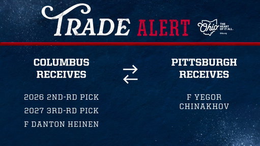 🚨 TRADE ALERT 🚨

We've received a 2026 2nd-RD pick, a 2027 3rd-RD pick and F Danton Heinen from the @penguins in exchange for F Yegor Chinakhov.

📝 https://t.co/H7AI7HoUZ5

CBJ x @OHHeartofitAll 