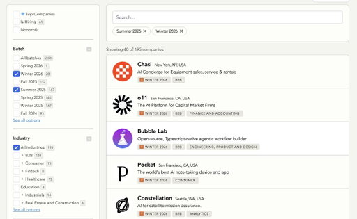 YCombinator startup directory is public

filter by batch, industry, stage

fresh funded companies who need vendors and move fast

ycombinator. com/companies

"saw you came out of YC [batch] - we help early stage companies build pipeline without adding headcount"

they have money and need to grow
stop pitching bootstrapped founders counting every dollar