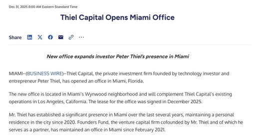 Today, Thiel, Sacks and Page prepare to leave California tomorrow.  

- Offices opened in Miami and Austin — today by Thiel
- Driver’s Licenses Changed
- Homes already owned

California has approximately 255 billionaires — about a quarter of the U.S. total. The tax was estimated to raise $100B from ~200 of them. 

But as they scatter to Miami, Austin, and beyond, that number could shrink fast.

It has already begun.