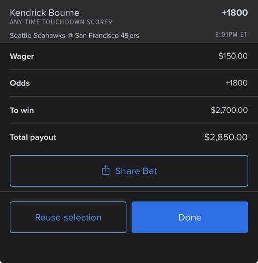 Kendrick Bourne anytime TD at +1800 on FD 👀 🏈 using @OddsJam sharp money tool ⛏️

I’ll dabble here, any excuse for a longshot TD scorer. I'm in .15u

Available on b365 at +2000 if available to you 