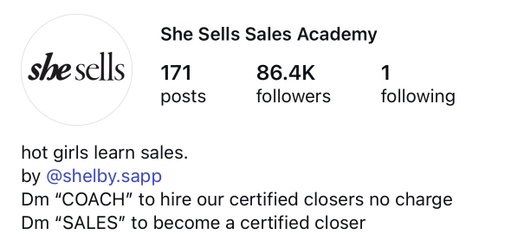 I’ve hired numerous very talented female closers in the past by simply loading up Shelby sapp’s academy Instagram page and reaching out to all the girls that follow the official “she-sells” IG account

I’ll probably regret posting this because now everyone’s going to do it, but I’ve used this same strategy so many times when recruiting talent for my businesses 

People follow IG accounts based around stuff they’re interested in (obviously) 

If a girl chooses to follow the official page of a female sales academy, the girl 100% has some sort of motivation to start making money online. Same goes for pretty much any other industry/niche 

Example:

Need a copywriter? Go in the following of a legendary copywriter that only people who do copywriting would follow

You can hit them with a message briefly explaining the opportunity. They’ll be confused at first (because it’s so random) but after you explain, they’ll understand 

Are they guaranteed to be experienced? 

Probably not. Depends where you look. If you care about experience, just spend time searching or outsource the task. I don’t care about experience personally 

Are they easy to train? 

Absolutely, and that’s all you need. Most of them have basic understanding. Might have watched a few videos here and there, bought a course, or maybe you do get lucky and they’re already experienced

Next time you’re recruiting, gather some suitable IG accounts and get your quants to start hitting the “followers” DM’s. 

A great method that’s both saved and made me a lot of money
