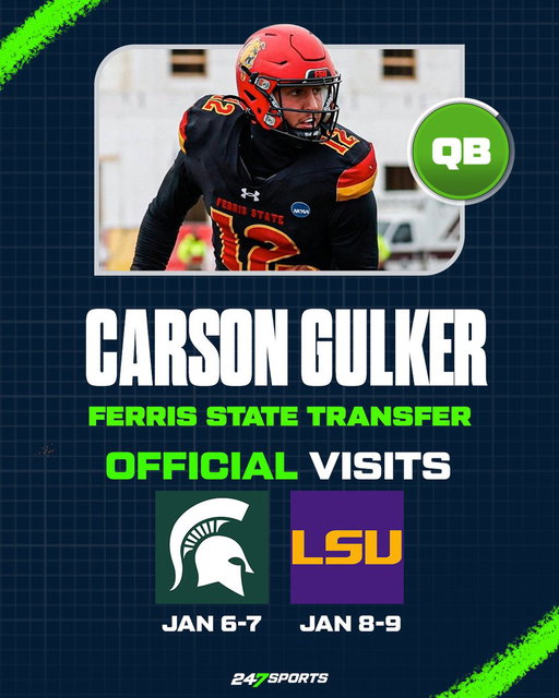 First two visits for Ferris State's Carson Gulker are Michigan State and LSU according to his agent @dgregory1 of @bullrush_sports.

He's played a little of everything on offense, recording stats as a passer, rusher and receiver for Ferris.

(VIP) https://t.co/mqVkUUG95F 