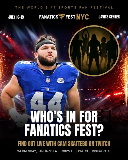 We called in a friend to help with this one. Catch it live tomorrow on Twitch as Cam Skattebo reveals the first Fanatics Fest 2026 talent lineup.

🗓 Wednesday, January 7
⏰ 6:30 PM ET
📍 http://twitch.tv/sk4tpack

Who do you think Cam will reveal first? 