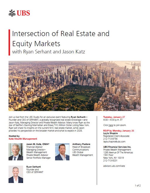 On January 27th, I'll have the pleasure of speaking at UBS live from the UBS Studio. I'll be sharing my insights on the current NYC real estate market, while Jason M. Katz provides his perspective on the broader market and what to expect in 2026.

You can join us in person by RSVPing to layla.shapiro@ubs.com or VIRTUALLY here: Zoom Link: https://t.co/lYJWHgI4gc
 
Please RSVP to  if you would like to join! Looking forward to seeing you all!