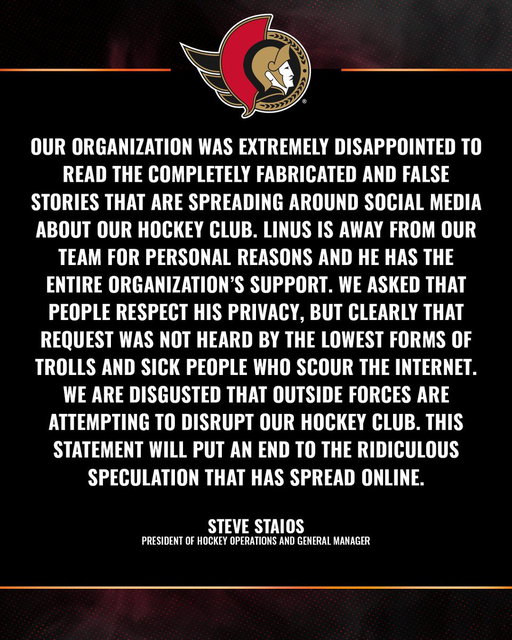 A statement from President of Hockey Operations and General Manager Steve Staios. 