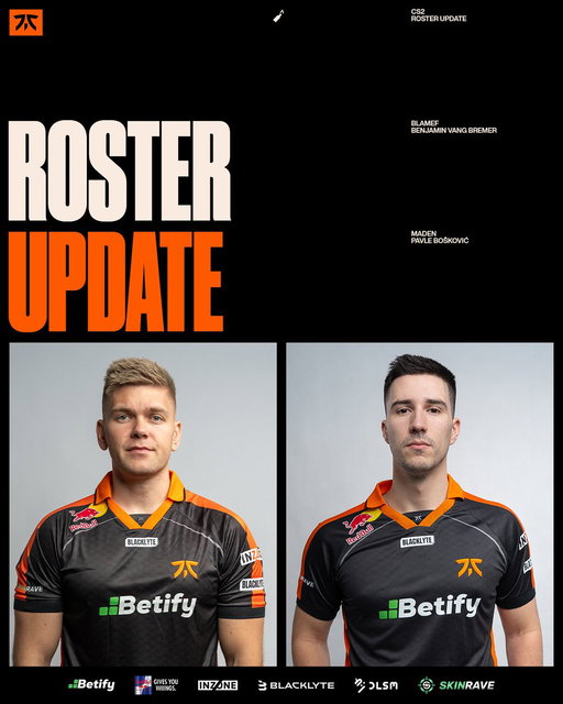 As we approach the 2026 season and a new Major cycle, we’re announcing a change to our Counter-Strike team.

Today we part way with @blameFFFFF who is transferring to another organization, and we want to sincerely thank Benjamin for his professionalism, impact, and contribution during his time in Black & Orange.

As part of the system we’re building for the future, we identified the need to shift towards a more proactive entry-focused and aggressive rifler approach.

To support that direction, we’re excited to welcome @madennCS - an experienced space taker, as we set our sights on the upcoming Majors and tier-one competition.

Welcome to Fnatic, Pavle!