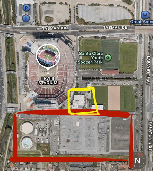 Red: Super EMF Center (Electrical Substation)

Yellow: where 49ers players spend 90% of their workdays. 