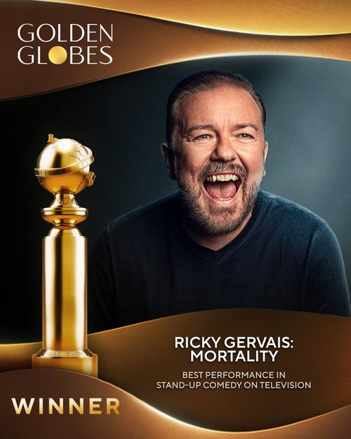 Congratulations to Ricky Gervais on winning Best Performance in Stand-Up Comedy on Television! #GoldenGlobes 