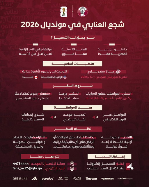 شجّع #العنابي في كأس العالم 2026 🇶🇦❤️

🚨 التسجيل الأولي متاح عبر الرابط أدناه
وفق الشروط والأحكام الموضّحة ⬇️

🔗 https://t.co/HIHzA2DQce 