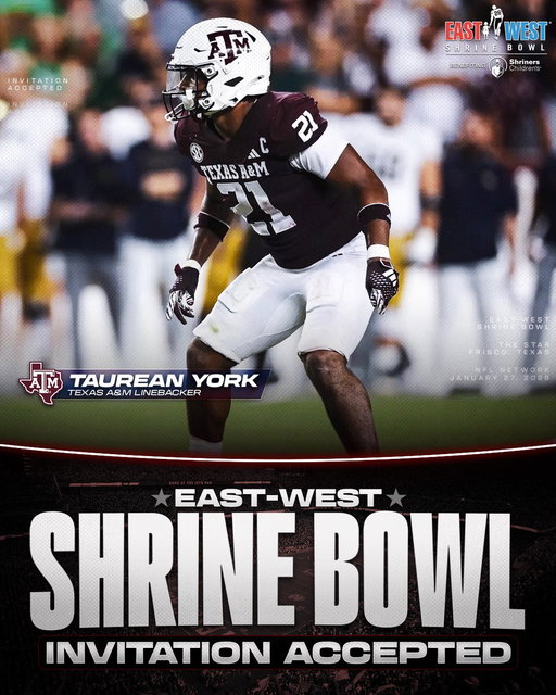 Invitation Accepted

@AggieFootball LB Taurean York (@TaureanYork5x) is locked in for the East-West Shrine Bowl! 👍

#GigEm | #ShrineBowlWHOSNEXT 😎 
