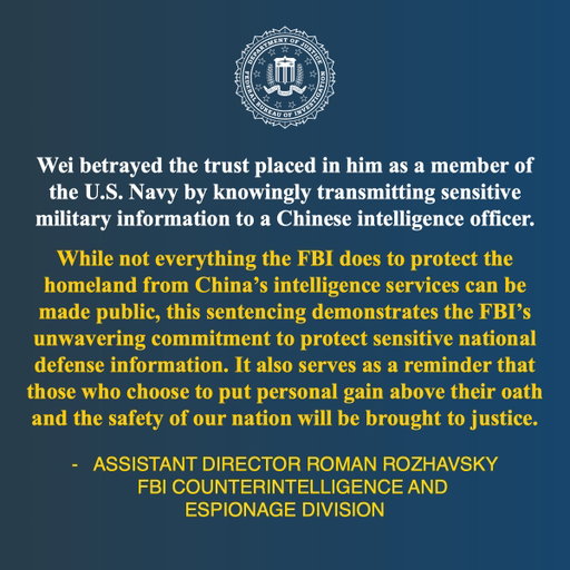 Former U.S. Navy Sailor Sentenced to 200 Months for Spying for China https://t.co/TDo70c2cLT @FBISanDiego 