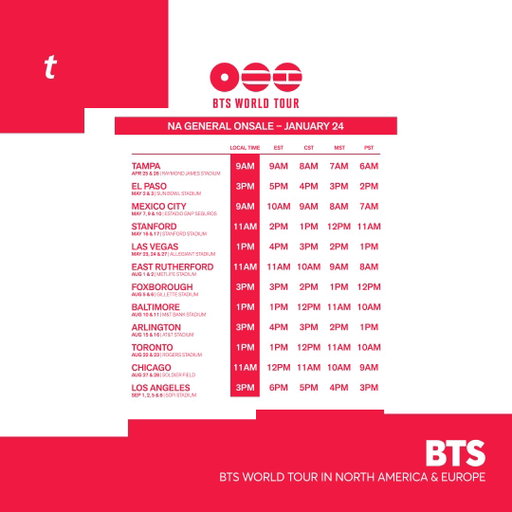 🎟 BTS Presale &amp; Onsale Info (2/2)

GENERAL ONSALE: Sat, Jan 24th

🎫: https://t.co/AiJf2SVRaY 