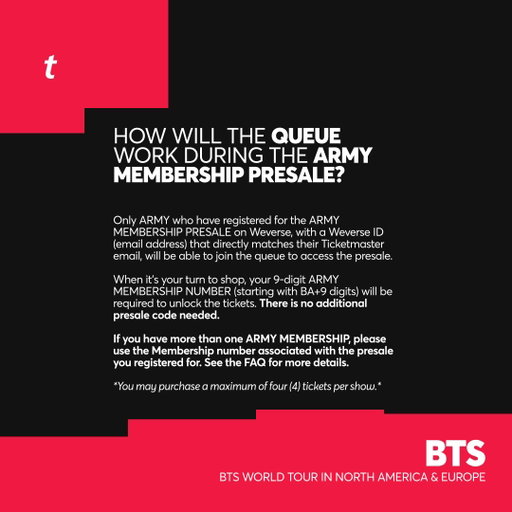 💻 On presale day, only ARMY who have registered for the @bts_bighit ARMY MEMBERSHIP PRESALE on Weverse, with an email that directly corresponds with their Ticketmaster email, will have access to the queue. There is no additional presale code needed.

 🎫: https://t.co/AiJf2SVRaY 