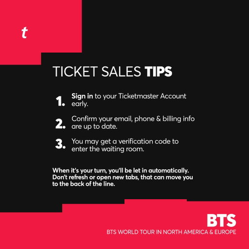 Tips for Getting Ready for BTS’s Ticket Drop  ⬇️

FOR SHOWS IN NORTH AMERICA: You’ll see the All In Price, what you see if what you pay! 💵

🎫: https://t.co/AiJf2SVRaY 