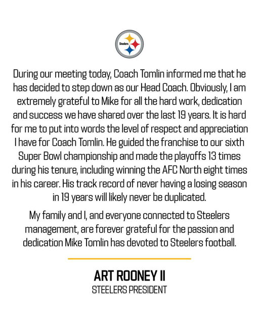 Statement from Steelers President Art Rooney II on Coach Mike Tomlin: 
