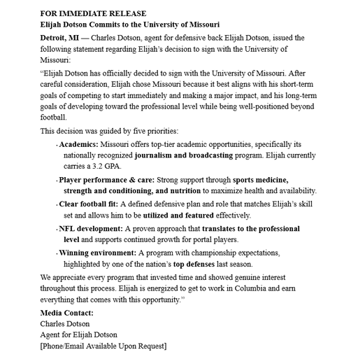 Full release on Dotson's decision: 
