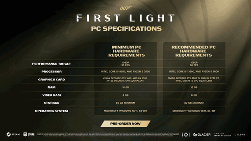 We are providing today an update to the PC system requirements for 007 First Light after the community flagged some inconsistencies in an earlier version of the listing.

The earlier mistake was due to an internal miscommunication leading to an older version of the specs to be shared. After a thorough re-examination and additional testing, the recommended RAM has been corrected from 32GB to 16GB, VRAM values have been updated, and the minimum CPU line has been fixed. Additional performance targets will be shared closer to launch.

We’re sorry for the confusion this caused and appreciate everyone who brought it to our attention. The updated specs are now live on our store pages, and we’re looking forward to sharing more of 007 First Light with you ahead of launch.

#EarnTheNumber #007FirstLight