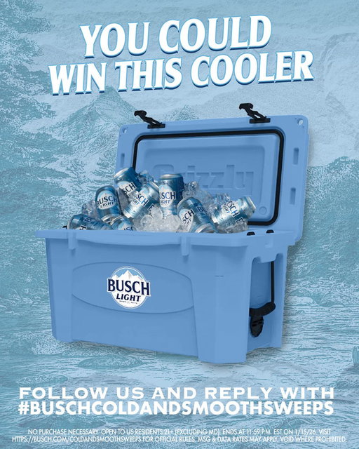 YOU CAN WIN a Busch Light Cooler to keep your beer cold and smooth all year long.​

Follow us and reply with #BuschColdAndSmoothSweeps for the chance to win! 