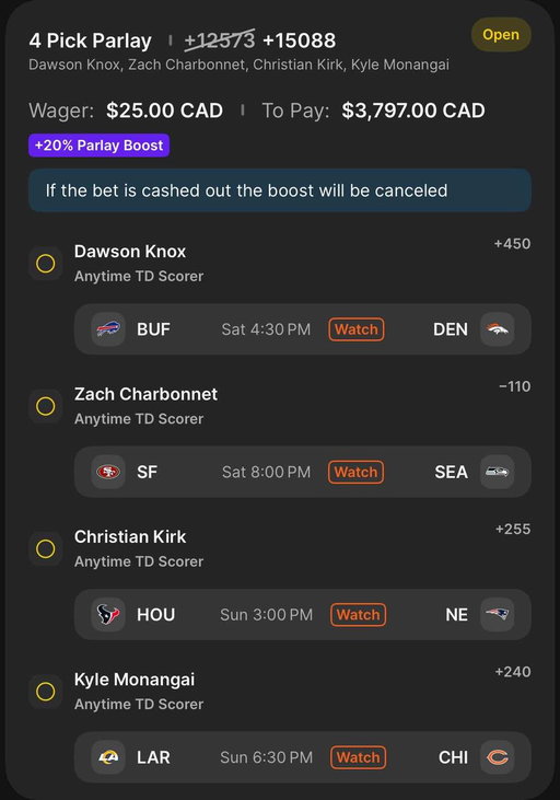 Draftkings NFL 4 Leg TD parlay 🏈
https://t.co/NgpFKNmCMU 